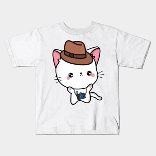 Funny angora cat is holding a camera Kids T-Shirt